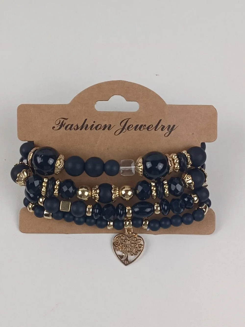 4-Piece Bohemian Beaded Bracelet Set - Black Heart & Tree Pendants